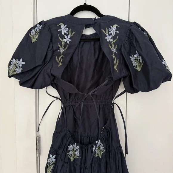 AGUA BY AGUA BENDITA Embroidered Samba Maxi Linen Dress in Navy - Picture 5 of 7